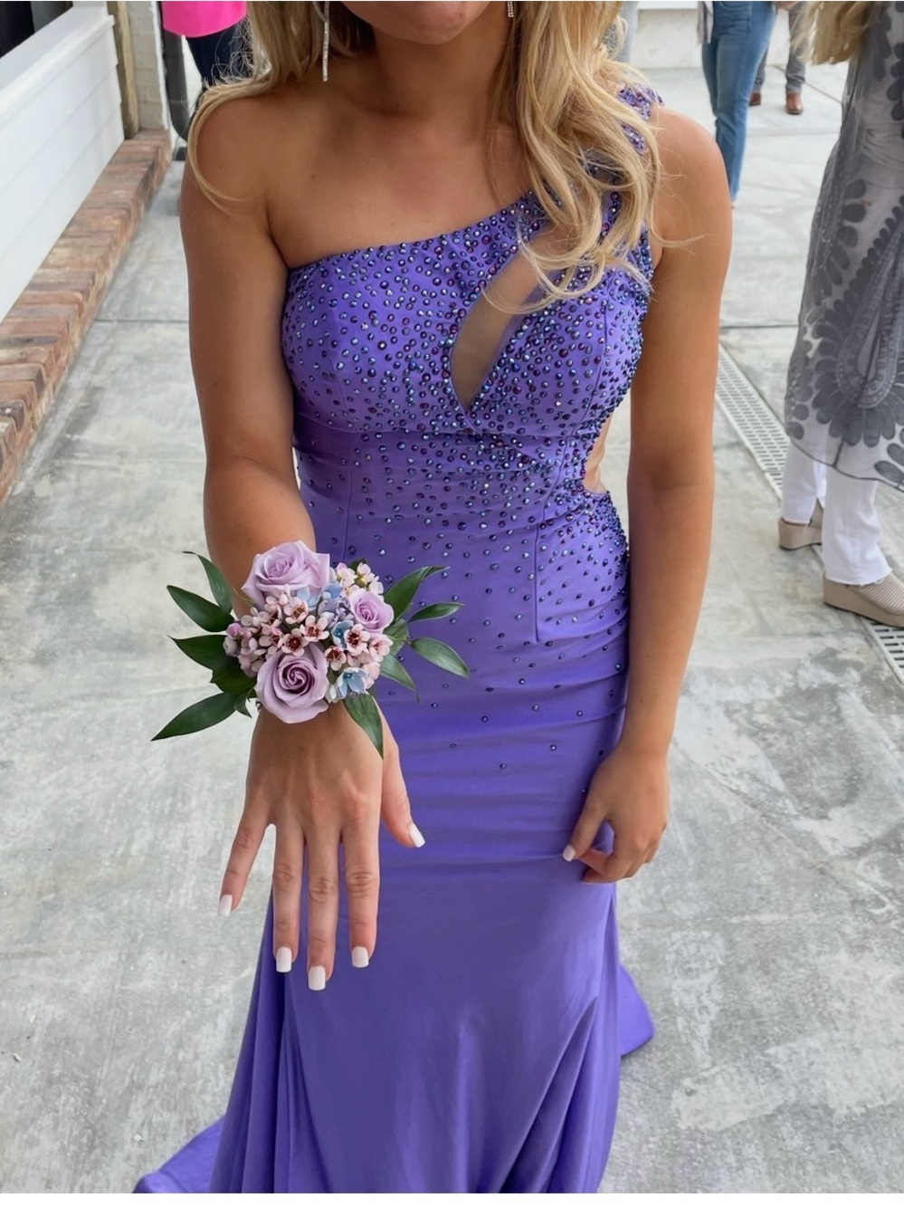 Johnathan Kayne Lavender One-Shoulder Evening Gown with Crystal Embellishments